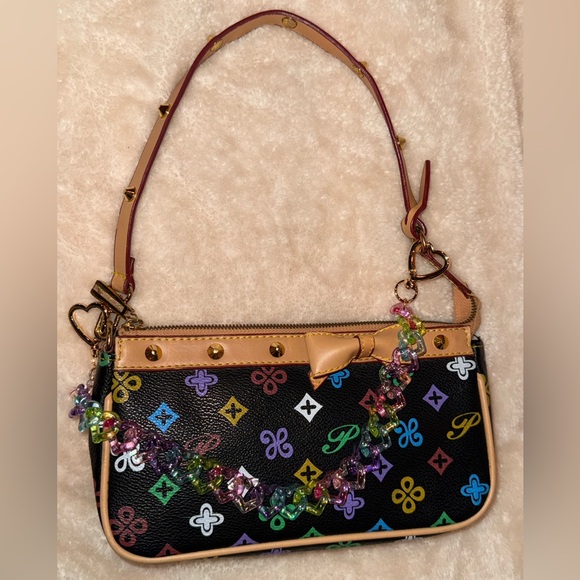 Black Multicolor Studded Monogram Shoulder Bag Tan Trim Bow Detail W Bag Chain! - Picture 6 of 12